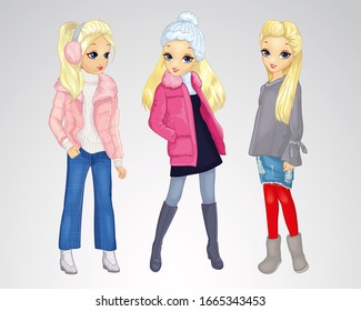 Vector illustration of fashion blonde girl in outfits with warm autumn clothes