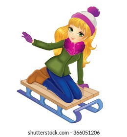 Vector illustration of fashion blonde girl in winter clothes sledding