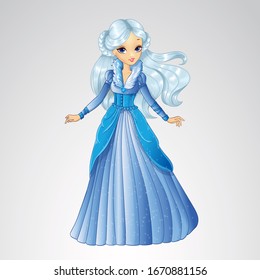 Vector illustration of fashion blonde ice snow queen in long blue dress