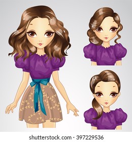 Vector illustration of fashion brunette hair girl with different hairstyles in cocktail dress