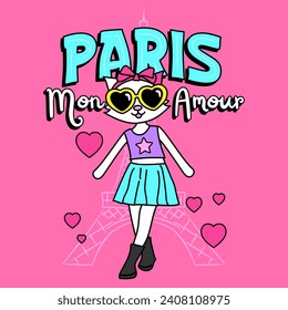 VECTOR ILLUSTRATION OF A FASHION CAT WITH GLASSES IN PARIS, SLOGAN PRINT