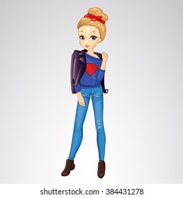 Vector illustration of fashion city girl in leather jacket and red bandana