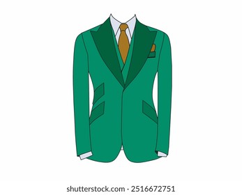 Ilustração vetorial de roupas de moda em formato de smoking masculino verde e gravata laranja escuro. Tema de ilustração de vetor de fundo de moda de roupas para ocasiões formais e gestão de negócios.