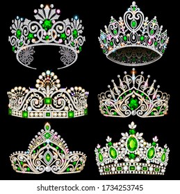 Vector illustration of a fashion collection of jewelry tiaras with diamonds and emeralds.