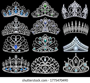 Vector illustration of a fashion collection of jewelry tiaras with diamonds