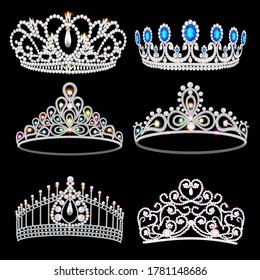 Vector illustration of a fashion collection of jewelry tiaras with diamonds