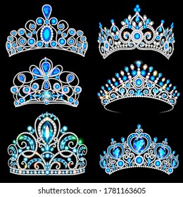 Vector illustration of a fashion collection of jewelry tiaras with diamonds blue sapphire