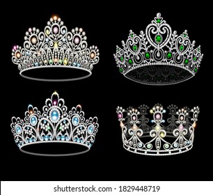 Vector illustration of a fashion collection of jewelry tiaras with diamonds