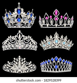 Vector illustration of a fashion collection of jewelry tiaras with diamonds