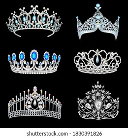 Vector illustration of a fashion collection of jewelry tiaras with diamonds