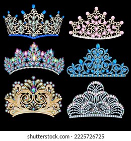 Vector illustration of a fashion collection of jewelry tiaras with diamonds