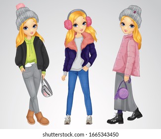 Vector illustration of fashion cute blonde in cold weather outfits