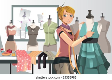 A vector illustration of a fashion designer at work