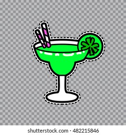 Vector Illustration Of Fashion Fun And Cute Patch Sticker With Margarita Goblet With A Slice Of Lime And Straws. Fashion Comic Wineglass Badge In Cartoon Retro Style