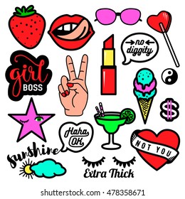 Vector illustration of fashion fun patch stickers with lips, lipstick, hearts, hand, speech bubbles and other. Set of trend badges, pins isolated on white background in comic cartoon 80s 90s style