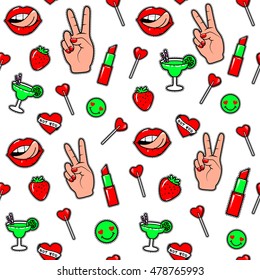 Vector illustration of fashion fun patch stickers with lips, lipstick, hearts, hand and other as seamless background. Endless pattern with trend pin isolated on white background in comic cartoon style