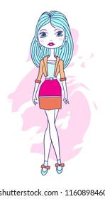 Vector illustration of a fashion girl in blouse, skirt, jacket with long blue hair on white background. Hand drawn flat line art style of model girl for web, site, card, poster