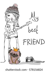 Vector illustration with fashion girl and cute little pug dog and hand drawn text - My best friend. Perfect for cards, t-shirt prints and posters.