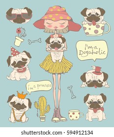 Vector illustration with fashion girl and cute little pug dogs and other individual elements. 