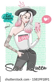Vector illustration of a fashion girl with a mobile phone who takes a selfie