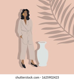 Vector illustration fashion girl in modern outfit with tropical plants. Concept of beauty and mental, femininity