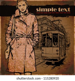 Vector illustration of a fashion girl and old tram.