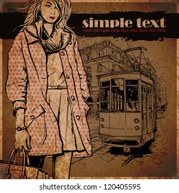 Vector illustration of a fashion girl and old tram.