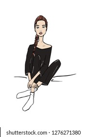 Vector illustration of a fashion girl sitting in loungewear pajama. Hand drawn doodle style.