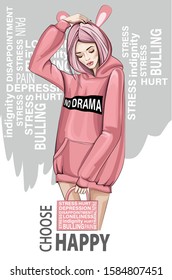 Vector illustration of a fashion girl,  typography slogan with cartoon girl in pink pullover with slogan on it