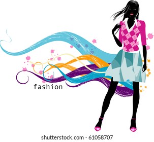 vector illustration of a fashion girl with the wave  of colors isolated on a white background