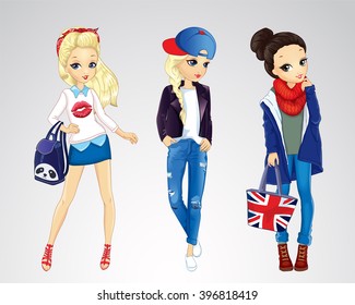 Vector illustration of fashion girls dressed in jeans city style