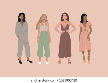 Vector illustration fashion girls in modern outfit. Concept of beauty and mental, femininity