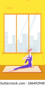 Vector illustration of fashion girls practicing yoga at home