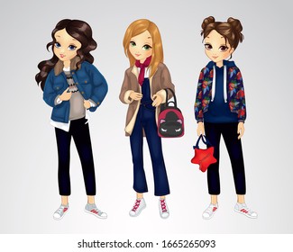 Vector illustration of fashion girls in stylish denim jackets and sneakers