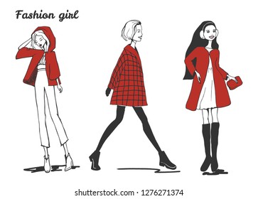 Vector illustration of a fashion girls women wearing red set. Hand drawn sketchy style.