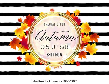 Vector illustration of fashion hello autumn sale poster with white round geometric frame, golden lines, text sign 50, 70, 30 percent off, falling red maple leaves on seamless rough stripes background