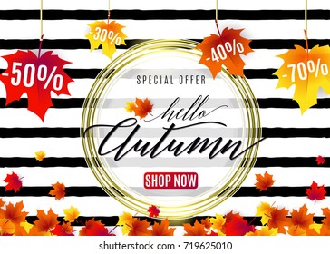 Vector illustration of fashion hello autumn sale poster with white round geometric frame, golden lines, text sign 50, 70, 30 percent off, falling red maple leaves on seamless rough stripes background