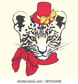 Vector illustration of fashion leopard with red hat, scarf and bows on white background