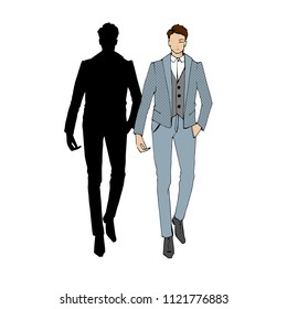 Vector Illustration Of Fashion Man. Stylish Handsome Man In Fashion Clothes. Fashion Man. Hand Drawn Male Model. Sketch. Vintage. Retro Illustration