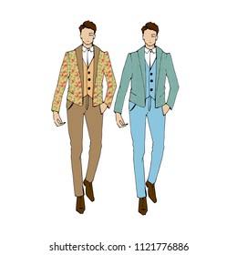 Vector Illustration Of Fashion Man. Stylish Handsome Man In Fashion Clothes. Fashion Man. Hand Drawn Male Model. Sketch. Vintage. Retro Illustration