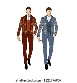 Vector Illustration Of Fashion Man. Stylish Handsome Man In Fashion Clothes. Fashion Man. Hand Drawn Male Model. Sketch. Vintage. Retro Illustration