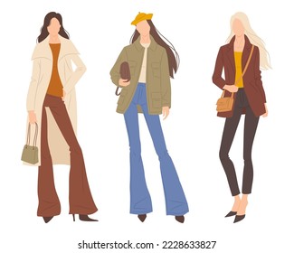 Vector illustration of fashion models posing, isolated on white background.
Female clothes collection. Fashion women in stylish coats and jackets.