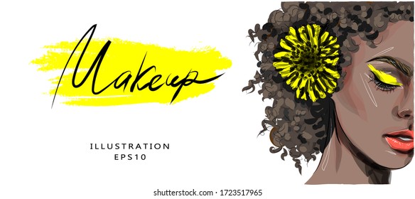 Vector illustration, fashion illustration on the theme of makeup and beauty. Beautiful female egg close-up. Dark-skinned beautiful girl with yellow shades and a yellow flower in her hair.	