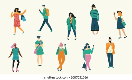 Vector illustration of fashion people speaking phone, making selfie in the flat style. Social concept.