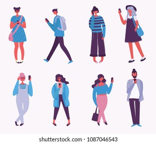 Vector illustration of fashion people speaking phone, making selfie in the flat style. Social concept.