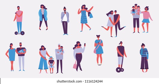 Vector illustration of fashion people speaking phone, making selfie, doing different activities in the flat style. Social concept.