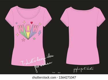 Vector illustration of  fashion print for t shirt for teens, 3D lettering WOW in pop art style, 80s-90s nostalgia, retro bubble gum colors, bulk text, neon sign, sticker with volumetric letters