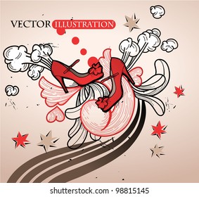  vector illustration of fashion red shoes flying on an abstract background