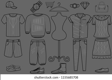 vector illustration fashion set line style for shopping concept and product category template and icon isolated on dark grey background