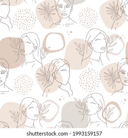 Vector illustration, fashion sketch. Seamless pattern design in boho style. Background with abstract shapes, dots, tropical leaves and outline portraits of girls. Models with hairstyles and makeup.